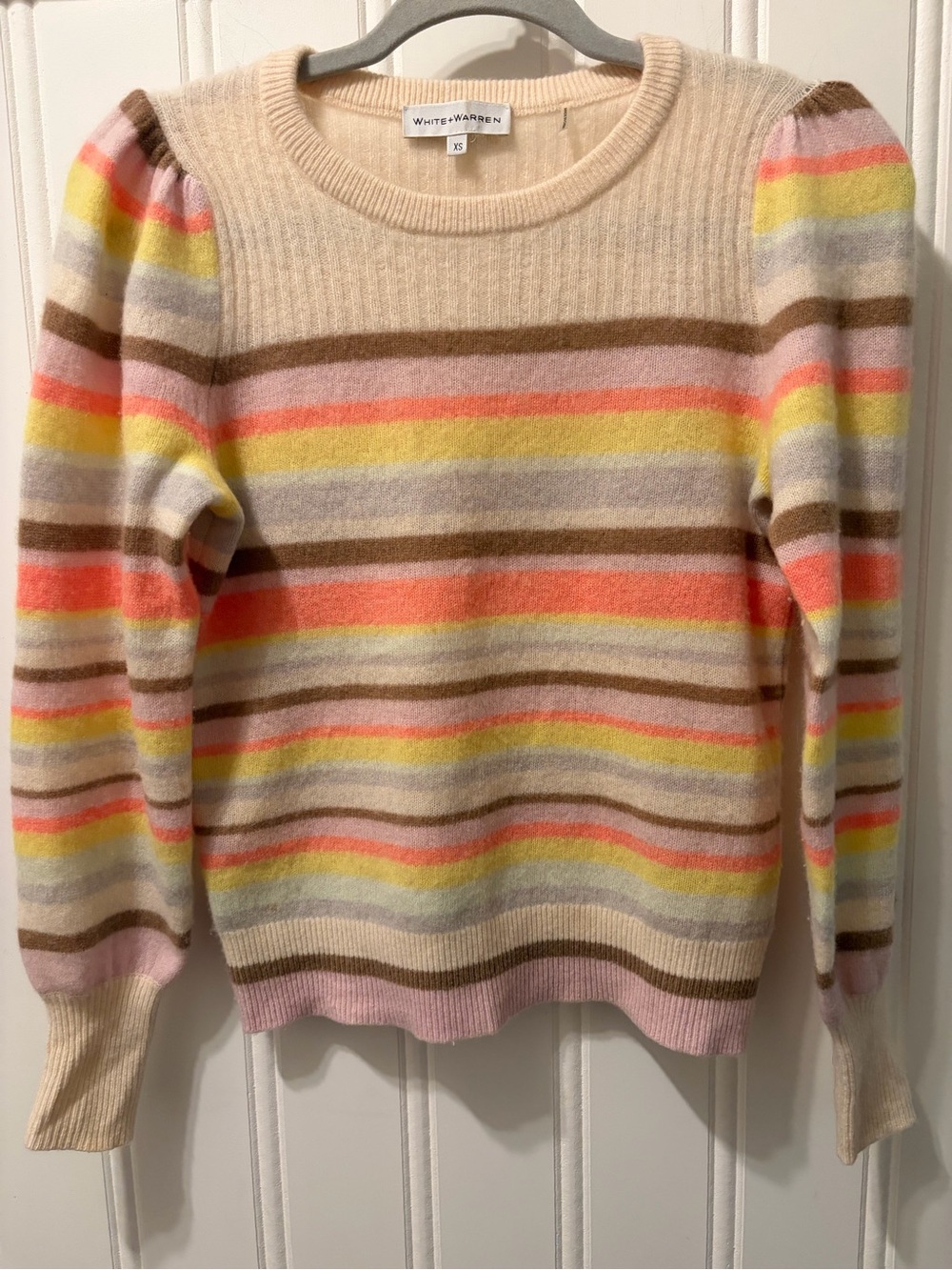Anthropologie White + Warren Rainbow-Striped Cashmere Sweater XS *FLAWED